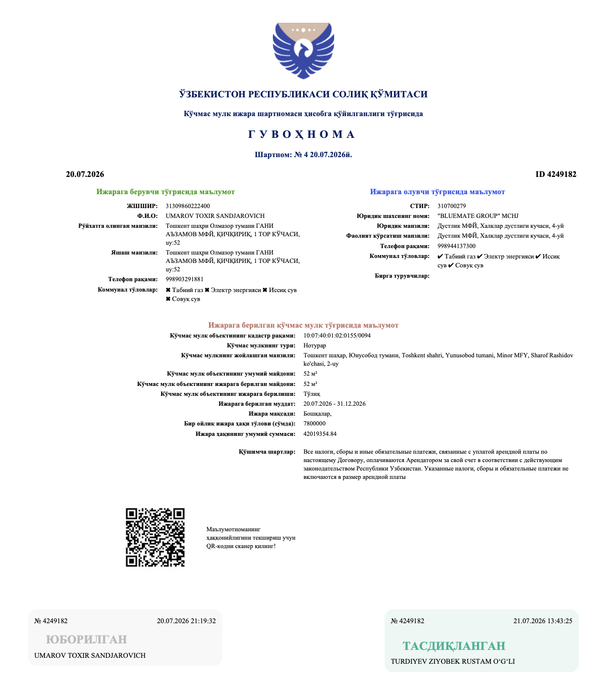 Scan of the registered office lease certificate for the BlueMate office at Sharof Rashidov ko‘chasi 2, Tashkent